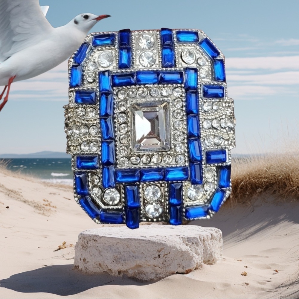 Sterling Silver Plated brilliant Large square sapphire diamond bling ring 6 or 7